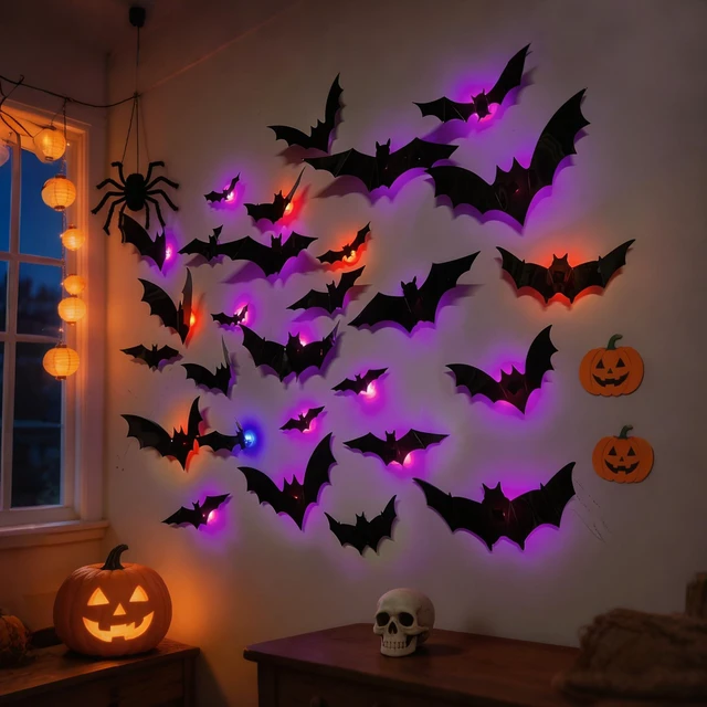 Alt view image 4 of 7 - 36 Pack Halloween Bats Wall Decor Halloween Decorations Indoor | Light Up Flashing Modes, Assorted Size, 3D Bat Stickers, for Bedroom Party Walls Bathroom Mirrors Garages Door