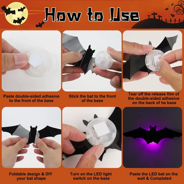 Alt view image 5 of 7 - 36 Pack Halloween Bats Wall Decor Halloween Decorations Indoor | Light Up Flashing Modes, Assorted Size, 3D Bat Stickers, for Bedroom Party Walls Bathroom Mirrors Garages Door
