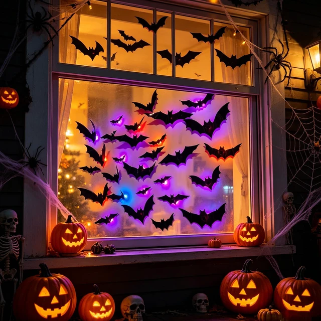 Alt view image 6 of 7 - 36 Pack Halloween Bats Wall Decor Halloween Decorations Indoor | Light Up Flashing Modes, Assorted Size, 3D Bat Stickers, for Bedroom Party Walls Bathroom Mirrors Garages Door