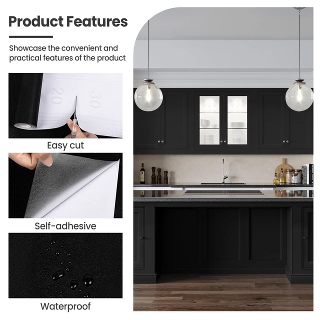 Alt view image 6 of 7 - Peel and Stick Wallpaper Black Contact Paper for Cabinets and Drawers | 15.7" x 118" Removable Wall Paper Self Adhesive Vinyl Film Roll Easy to Apply Bathroom Home Decor Counter Top Covers