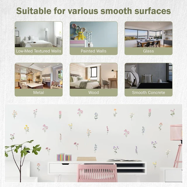Alt view image 7 of 7 - Pastel Wildflower Wall Decals - Set of 37 Peel & Stick Botanical Flower Stickers for Bedroom, Nursery & Living Room - Removable Yellow, Pink & Purple Floral Wall Decor