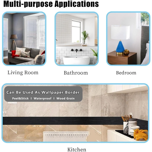 Alt view image 5 of 7 - 10M Black Wood Grain Removable PVC Waterproof Border Wall Decor Removable Self Adhesive Kitchen Bathroom Tiles Sticker Wallpaper 4.2x390 (4inch)