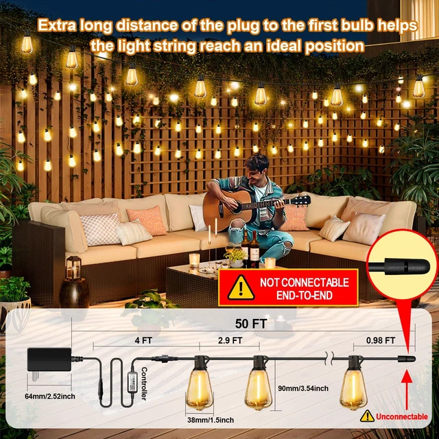 Alt view image 2 of 7 - 50ft-Plug-in-LED-Lights-Outdoor-Waterproof-String Lights-Patio-Outside-Porch-Backyard-Garden-Gazebo-Yard-Deck-Balcony-Party-Camping-House-Hanging-Lighting-Bulb-Remote-Bluetooth-Hanging