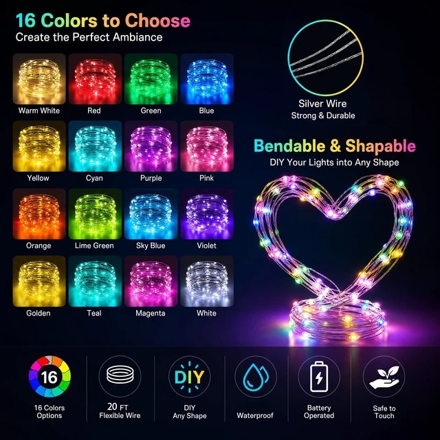 Alt view image 2 of 7 - Color Changing Fairy Lights Battery Operated, 2 Pack Total 40FT 120LED Silver Copper Wire RGB String Lights with Remote, Waterproof Halloween Decorations for Indoor Outdoor Party Decor