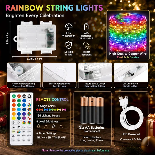 Alt view image 5 of 7 - Color Changing Fairy Lights Battery Operated, 2 Pack Total 40FT 120LED Silver Copper Wire RGB String Lights with Remote, Waterproof Halloween Decorations for Indoor Outdoor Party Decor