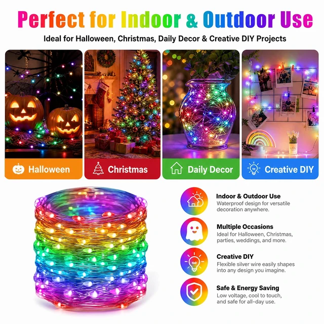 Alt view image 6 of 7 - Color Changing Fairy Lights Battery Operated, 2 Pack Total 40FT 120LED Silver Copper Wire RGB String Lights with Remote, Waterproof Halloween Decorations for Indoor Outdoor Party Decor