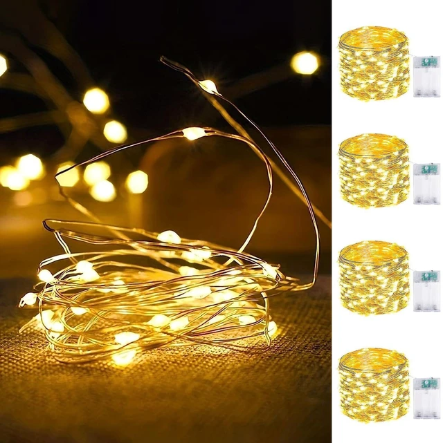 Main image of 4 Pack Fairy Lights Battery Operated 16FT 50 LED String Lights Warm White | 6Hr On / 18Hr Off Timer, Flexible Waterproof Silver Wire, Cuttable Starry Fairy Light