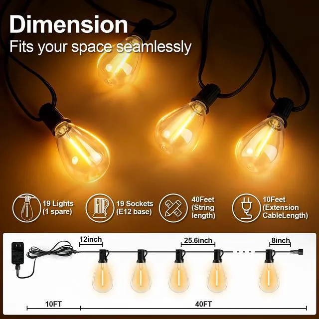 Alt view image 2 of 7 - 50(40+10)FT Outdoor String Lights, 15m Waterproof Remote LED Patio Lights with 19+1 S11 Bulbs 10FT Extension Cable, Dimmable Outside Hanging Lights for House, Porch,Yard,Garden,Bistro, Gazebo lighting