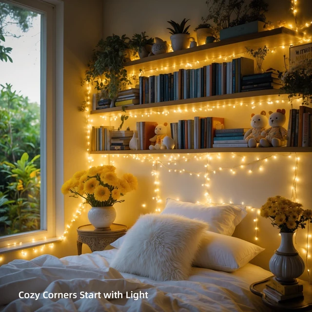 Alt view image 4 of 7 - 100 LED Warm White Fairy Lights, 33ft Plug-in String Lights, 8 Modes | Warm white fairy lights with 100 LEDs, 33ft length and 8 modes, ideal for Christmas, weddings, bedrooms, patios and trees.