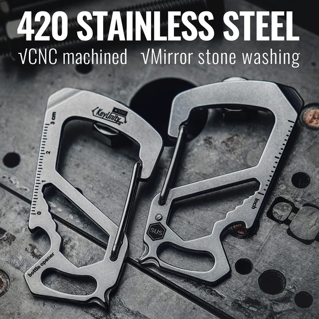 Alt view image 2 of 7 - KS00 Stainless Steel Carabiner Keychain Clip (Silver) | 7-In-1 Multitool, Quick Release Clasp, Wrench, Cross Screwdriver, Slotted Screwdriver, Bottle Opener, Ruler, Key Holder