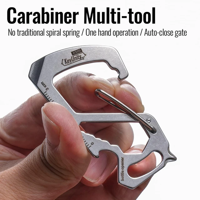Alt view image 3 of 7 - KS00 Stainless Steel Carabiner Keychain Clip (Silver) | 7-In-1 Multitool, Quick Release Clasp, Wrench, Cross Screwdriver, Slotted Screwdriver, Bottle Opener, Ruler, Key Holder