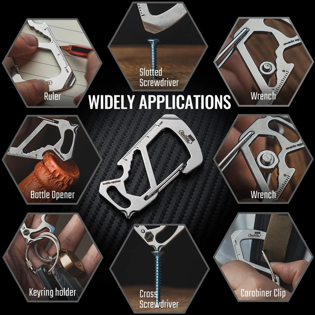 Alt view image 4 of 7 - KS00 Stainless Steel Carabiner Keychain Clip (Silver) | 7-In-1 Multitool, Quick Release Clasp, Wrench, Cross Screwdriver, Slotted Screwdriver, Bottle Opener, Ruler, Key Holder