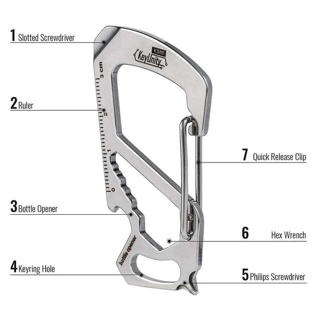 Alt view image 7 of 7 - KS00 Stainless Steel Carabiner Keychain Clip (Silver) | 7-In-1 Multitool, Quick Release Clasp, Wrench, Cross Screwdriver, Slotted Screwdriver, Bottle Opener, Ruler, Key Holder