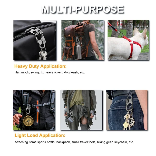 Alt view image 3 of 7 - Double Lock Carabiner Clip, Tungsten Steel Tip Keychain for Outdoor | Gunmetal-1P, 3.3-inch Heavy Duty Zinc Alloy Multi Tool Carabiner, Portable EDC Key Ring for Camping, Hiking & Backpack Use