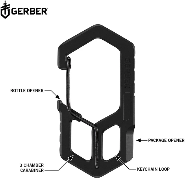 Alt view image 2 of 7 - Carabiner EDC Keychain Multitool, Pocket Clip, Bottle Opener, Black | 3-in-1, compact EDC multitool, carabiner clip, bottle opener, package opener, everyday carry, not for climbing