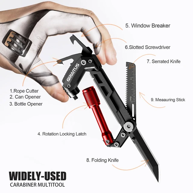 Alt view image 2 of 7 - Carabiner Multitool with Pocket Knives, EDC Carabiners, for Camping Hiking | Serrated Knife, Rope Cutter, Screwdriver, Can Bottle Opener, Ruler, Keychain Knife , Gifts for Women (Red)