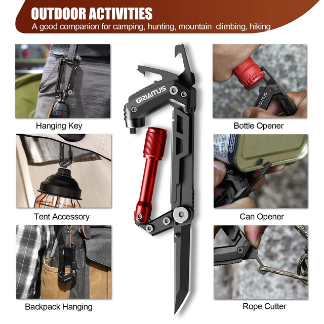 Alt view image 4 of 7 - Carabiner Multitool with Pocket Knives, EDC Carabiners, for Camping Hiking | Serrated Knife, Rope Cutter, Screwdriver, Can Bottle Opener, Ruler, Keychain Knife , Gifts for Women (Red)