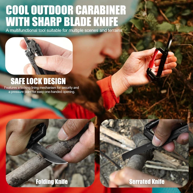 Alt view image 5 of 7 - Carabiner Multitool with Pocket Knives, EDC Carabiners, for Camping Hiking | Serrated Knife, Rope Cutter, Screwdriver, Can Bottle Opener, Ruler, Keychain Knife , Gifts for Women (Red)