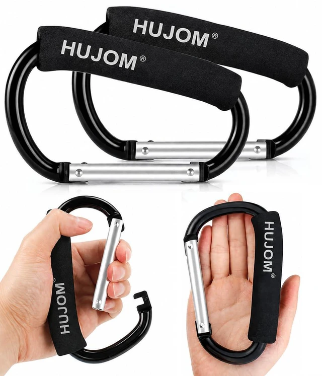 Main image of Stroller Hooks 2 Pack Heavy Duty Large Carabiner Clips for Bags & Baby Gear | Universal Fit, Hang Diaper, Purse, Grocery & Shopping Bags, Mommy Accessories, Backpack, Camping, Hiking