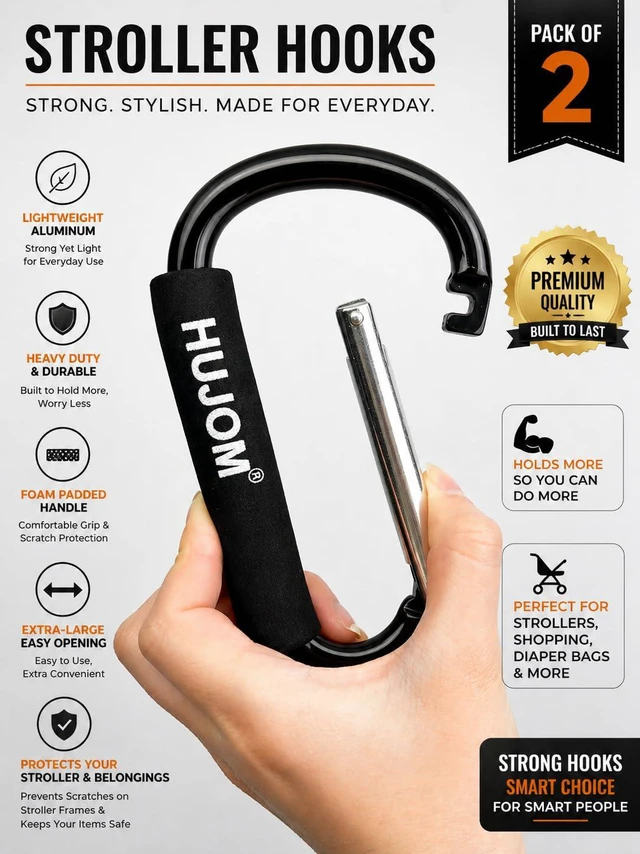 Alt view image 3 of 7 - Stroller Hooks 2 Pack Heavy Duty Large Carabiner Clips for Bags & Baby Gear | Universal Fit, Hang Diaper, Purse, Grocery & Shopping Bags, Mommy Accessories, Backpack, Camping, Hiking