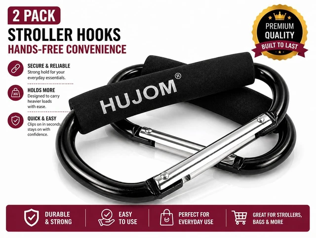Alt view image 2 of 7 - Stroller Hooks 2 Pack Heavy Duty Large Carabiner Clips for Bags & Baby Gear | Universal Fit, Hang Diaper, Purse, Grocery & Shopping Bags, Mommy Accessories, Backpack, Camping, Hiking
