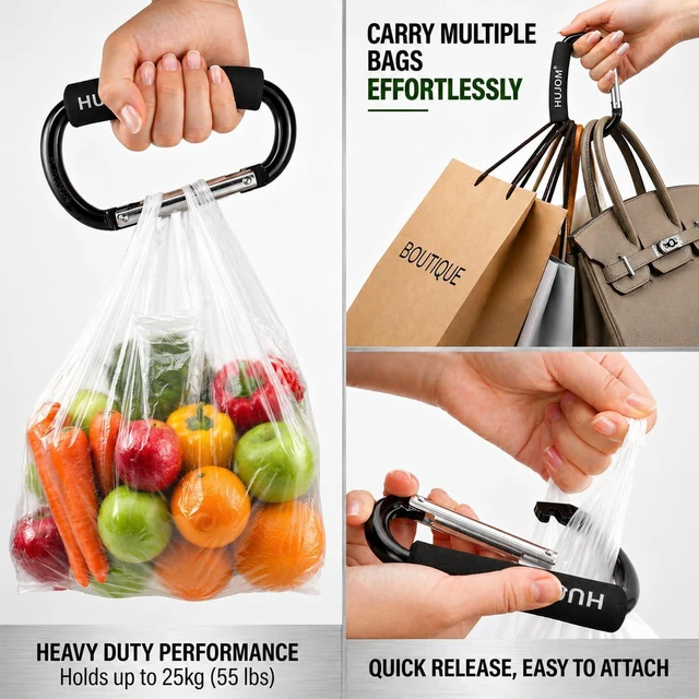 Alt view image 5 of 7 - Stroller Hooks 2 Pack Heavy Duty Large Carabiner Clips for Bags & Baby Gear | Universal Fit, Hang Diaper, Purse, Grocery & Shopping Bags, Mommy Accessories, Backpack, Camping, Hiking