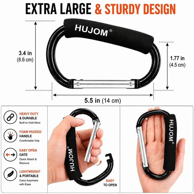 Alt view image 6 of 7 - Stroller Hooks 2 Pack Heavy Duty Large Carabiner Clips for Bags & Baby Gear | Universal Fit, Hang Diaper, Purse, Grocery & Shopping Bags, Mommy Accessories, Backpack, Camping, Hiking
