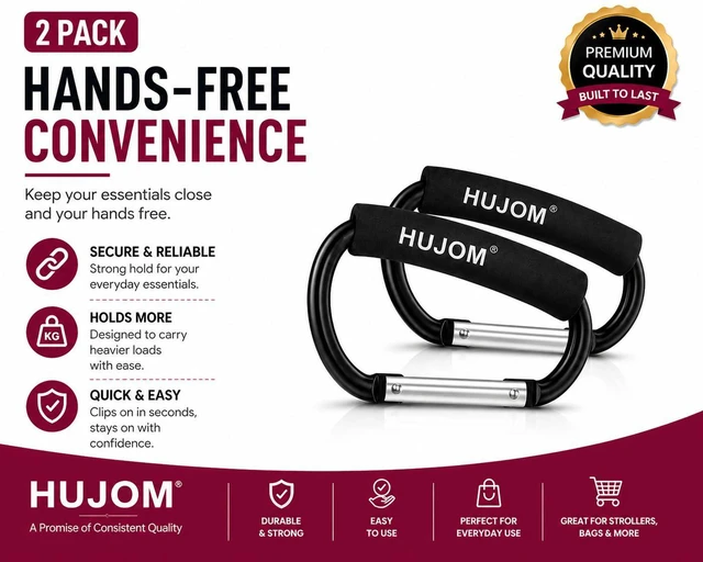 Alt view image 7 of 7 - Stroller Hooks 2 Pack Heavy Duty Large Carabiner Clips for Bags & Baby Gear | Universal Fit, Hang Diaper, Purse, Grocery & Shopping Bags, Mommy Accessories, Backpack, Camping, Hiking