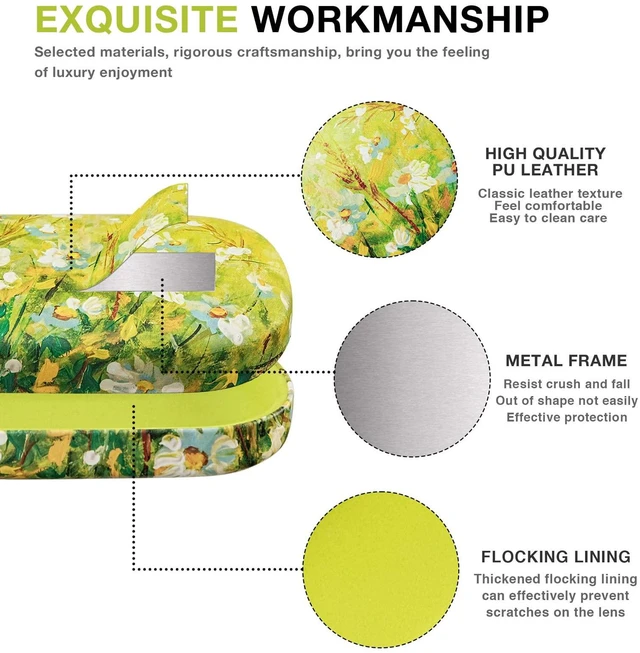 Alt view image 4 of 6 - Hard Shell Leather Sunglasses Case,Classic Large Glasses Case for Women Men,Sunglass Eyeglasses (Green Daisy)