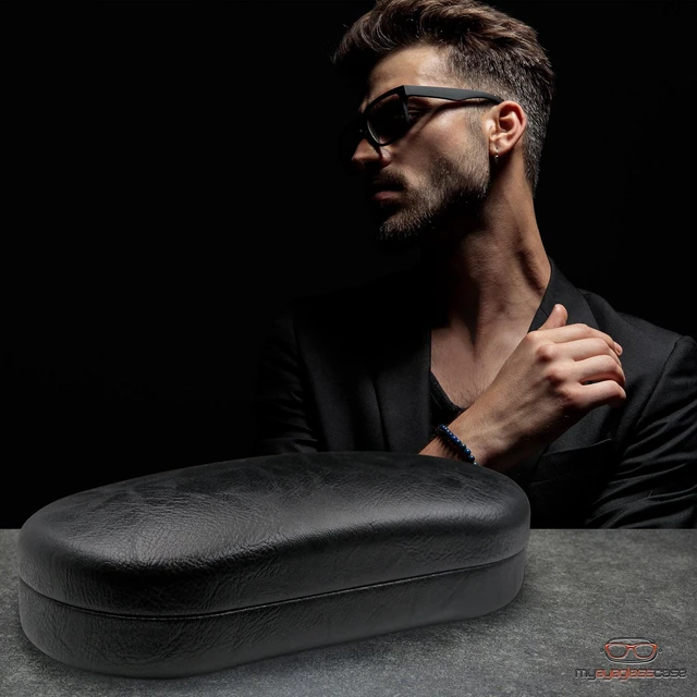 Alt view image 2 of 7 - Men Sunglasses case in Premium Leather Like - Eyeglasses Case Hard Shell with Microfiber Pouch & Cloth Glasses Case - Medium to Large for Men and Women (AS87 Black with Pouch)