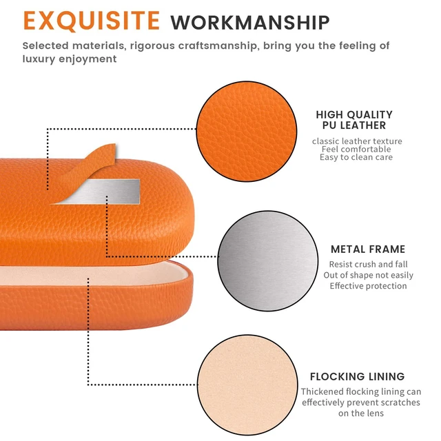Alt view image 4 of 7 - Hard Shell Leather Sunglasses Case,Classic Large Glasses Case for Women Men,Sunglass Eyeglasses (Orange)