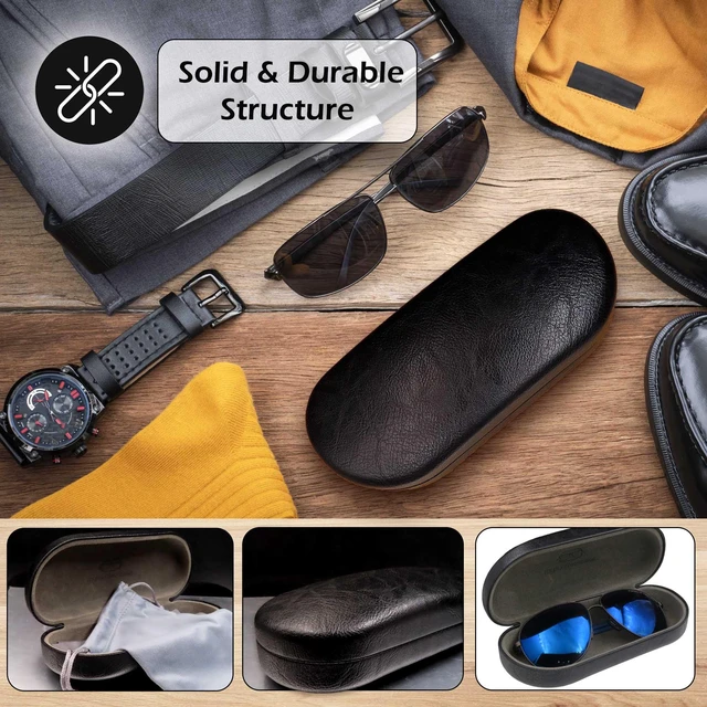 Alt view image 4 of 7 - Men Sunglasses case in Premium Leather Like - Eyeglasses Case Hard Shell with Microfiber Pouch & Cloth Glasses Case - Medium to Large for Men and Women (AS87 Black with Pouch)