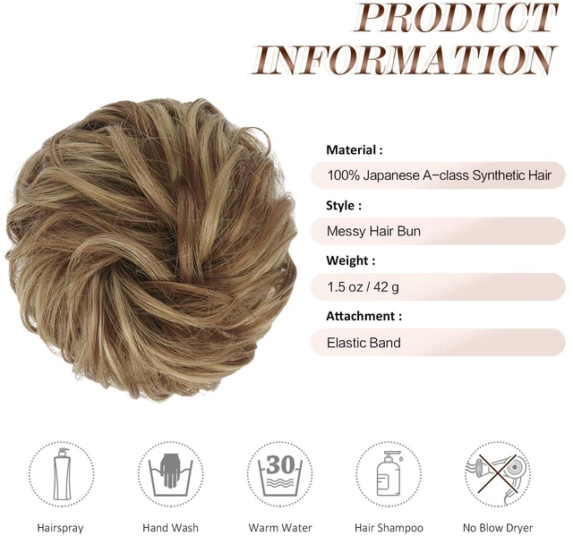 Alt view image 4 of 7 - Messy Bun Hair Piece - Wavy Synthetic Chignon Scrunchies for Instant Volume, Elastic Ponytail Bun Hair Extensions Thick Hairpieces for Women, Brown & Blonde 1.50 oz