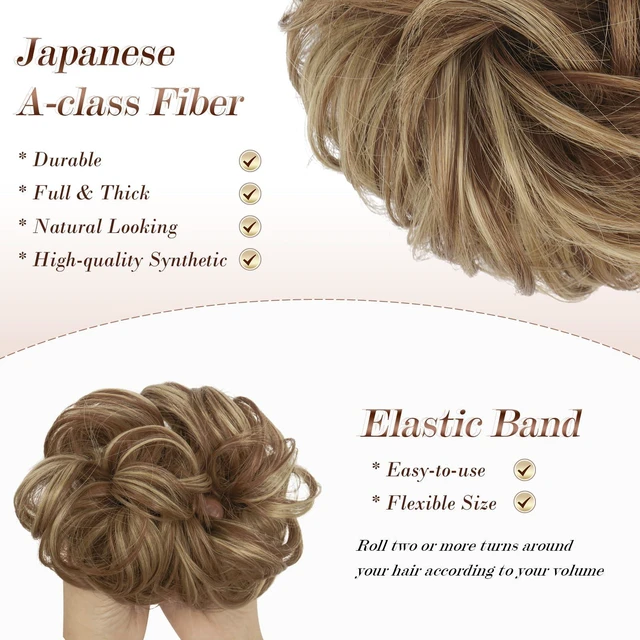Alt view image 3 of 7 - Messy Bun Hair Piece - Wavy Synthetic Chignon Scrunchies for Instant Volume, Elastic Ponytail Bun Hair Extensions Thick Hairpieces for Women, Brown & Blonde 1.50 oz