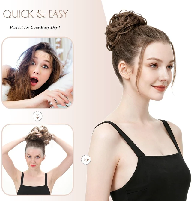 Alt view image 6 of 7 - Messy Bun Hair Piece - Wavy Synthetic Chignon Scrunchies for Instant Volume, Elastic Ponytail Bun Hair Extensions Thick Hairpieces for Women, Brown & Blonde 1.50 oz