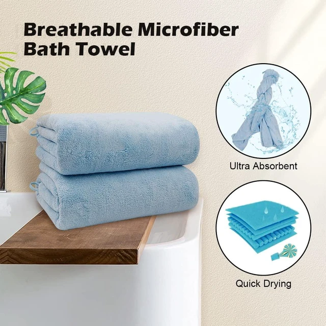 Alt view image 4 of 7 - Bath Towels, Soft Feel Bath Towel, 2 Pack (27'' x 54'') | Highly Absorbent, Quick Drying Microfiber Towels for Body, Sport, Yoga, SPA, Fitness, Bathroom - Blue