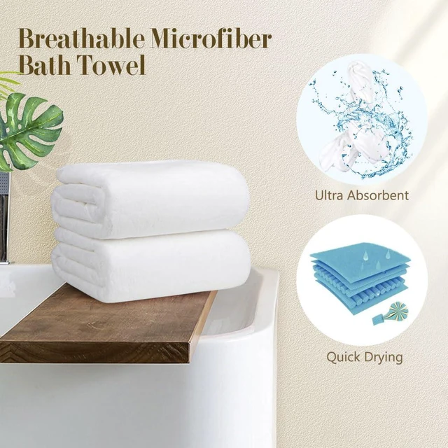 Alt view image 5 of 7 - Bath Towels, Soft Feel Bath Towel, 2 Pack (27'' x 54'') | Highly Absorbent, Quick Drying Microfiber Towels for Body, Sport, Yoga, SPA, Fitness, Bathroom -White