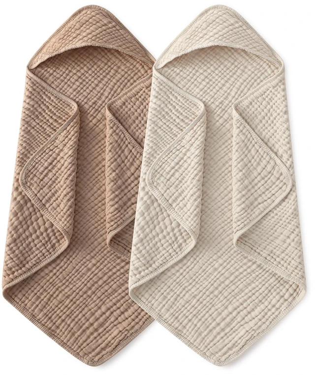 Main image of Hooded Baby Bath Towels 2 Pack 100% Muslin Organic Cotton with Hood | for Newborn, Babies, Infant, Toddler and Kids, 32x32 Inch, Soft and Absorbent, Baby Essential, Beige & Coffee