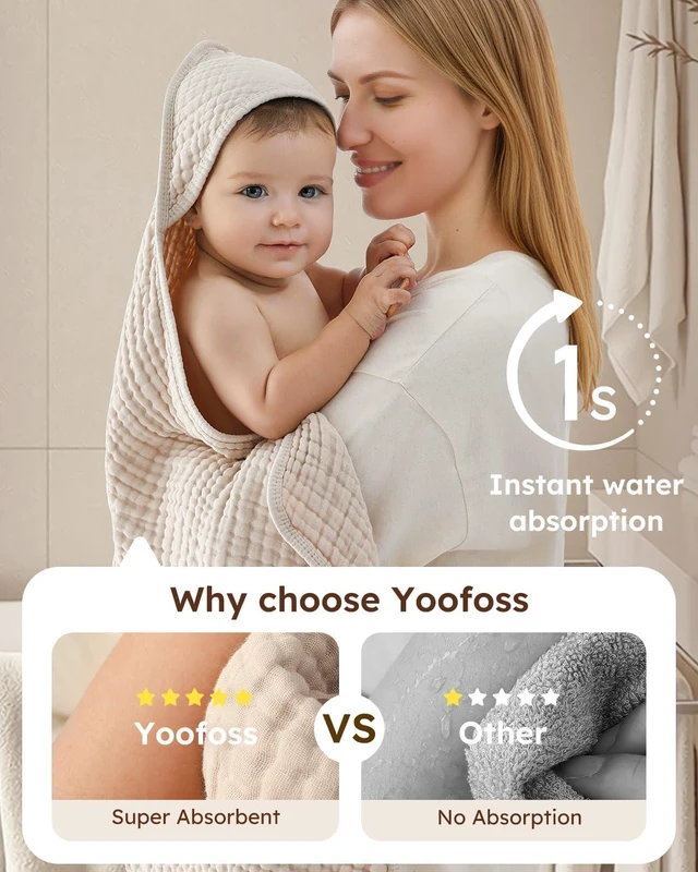 Alt view image 2 of 5 - Hooded Baby Bath Towels 2 Pack 100% Muslin Organic Cotton with Hood | for Newborn, Babies, Infant, Toddler and Kids, 32x32 Inch, Soft and Absorbent, Baby Essential, Beige & Coffee