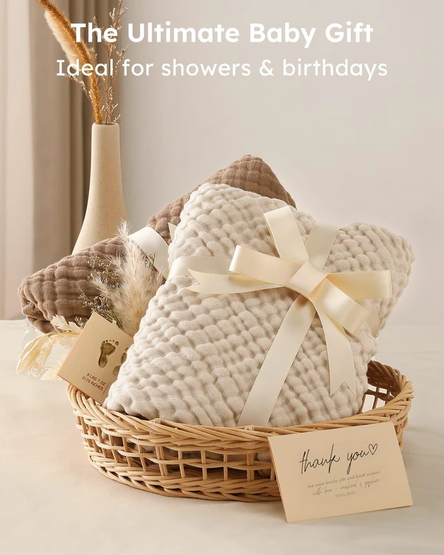 Alt view image 4 of 5 - Hooded Baby Bath Towels 2 Pack 100% Muslin Organic Cotton with Hood | for Newborn, Babies, Infant, Toddler and Kids, 32x32 Inch, Soft and Absorbent, Baby Essential, Beige & Coffee