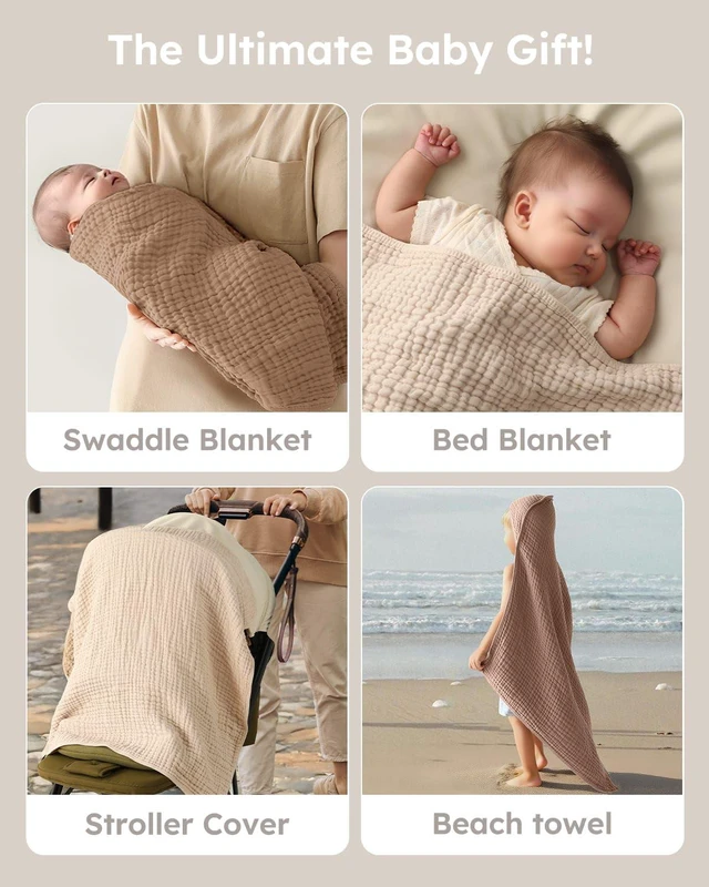Alt view image 5 of 5 - Hooded Baby Bath Towels 2 Pack 100% Muslin Organic Cotton with Hood | for Newborn, Babies, Infant, Toddler and Kids, 32x32 Inch, Soft and Absorbent, Baby Essential, Beige & Coffee
