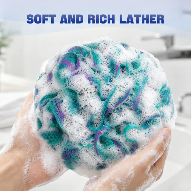 Alt view image 2 of 7 - Loofah Sponge 75g/Piece, Exfoliating Bath Sponge Body Scrubber - Loofa Set of 4 Flower Color (Large, Green-Purple)