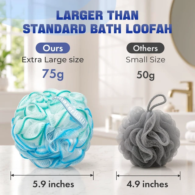 Alt view image 6 of 7 - Loofah Sponge 75g/Piece, Exfoliating Bath Sponge Body Scrubber - Loofa Set of 4 Flower Color (Large, Green-Purple)
