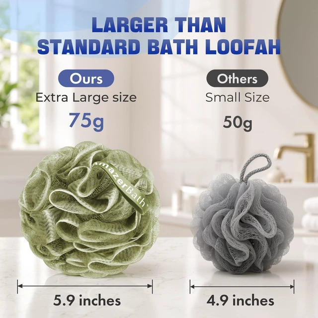 Alt view image 6 of 7 - Loofah Sponge 75g/Piece, Exfoliating Bath Sponge Body Scrubber, Large Loofa Set of 4 - White Grey-Pink-Army Green-Green