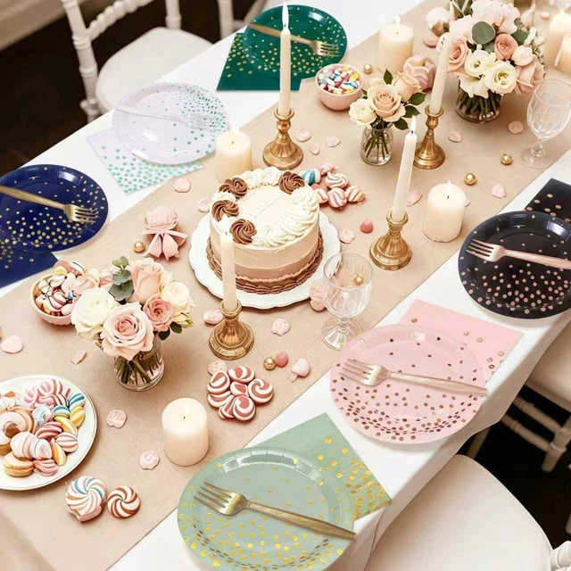 Alt view image 4 of 5 - White and Gold Paper Plates Napkins Party Supplies | Disposable Gold Dot Paper Dessert Plates,105 PCS Birthday Plates and Napkins Party Supplies for Wedding(Serves 35 Guests 7")