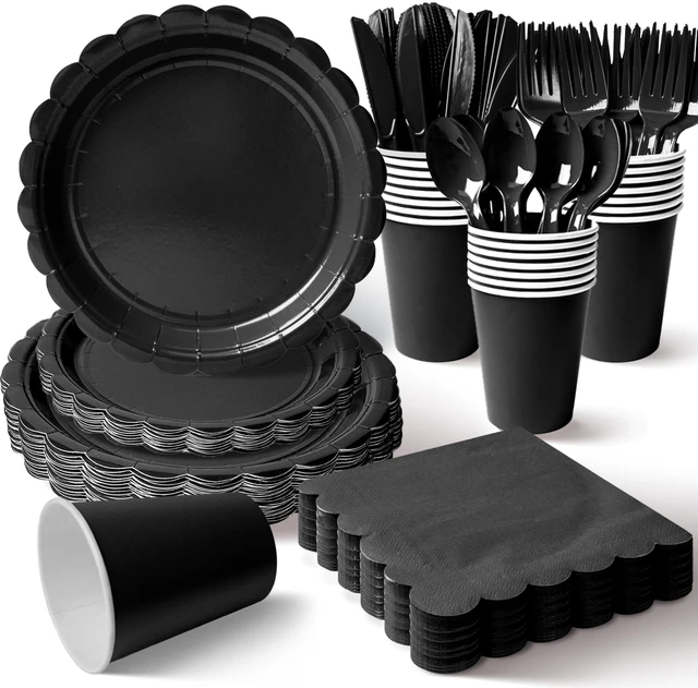 Main image of 175 Pcs Black Paper Plates and Napkins Party Supplies | 7 and 9 Inch Scalloped Paper Plates, Napkins, Cups and Cutlery for 25 Guests; Halloween, New Year's Eve and Birthdays