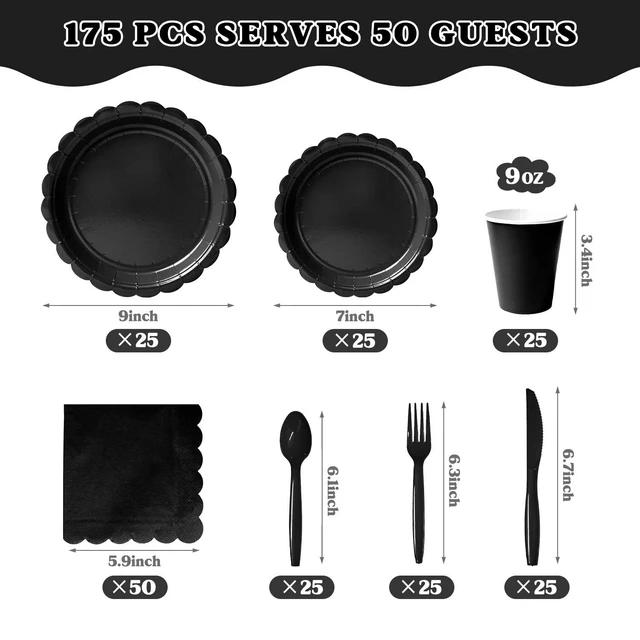 Alt view image 3 of 7 - 175 Pcs Black Paper Plates and Napkins Party Supplies | 7 and 9 Inch Scalloped Paper Plates, Napkins, Cups and Cutlery for 25 Guests; Halloween, New Year's Eve and Birthdays
