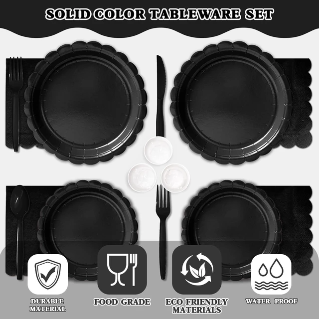 Alt view image 4 of 7 - 175 Pcs Black Paper Plates and Napkins Party Supplies | 7 and 9 Inch Scalloped Paper Plates, Napkins, Cups and Cutlery for 25 Guests; Halloween, New Year's Eve and Birthdays