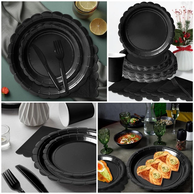 Alt view image 5 of 7 - 175 Pcs Black Paper Plates and Napkins Party Supplies | 7 and 9 Inch Scalloped Paper Plates, Napkins, Cups and Cutlery for 25 Guests; Halloween, New Year's Eve and Birthdays