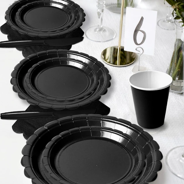 Alt view image 6 of 7 - 175 Pcs Black Paper Plates and Napkins Party Supplies | 7 and 9 Inch Scalloped Paper Plates, Napkins, Cups and Cutlery for 25 Guests; Halloween, New Year's Eve and Birthdays